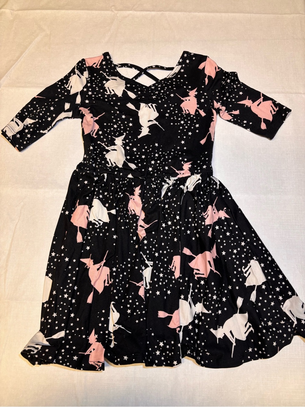 Girls Black Witches Print Skater Dress - Pink & White